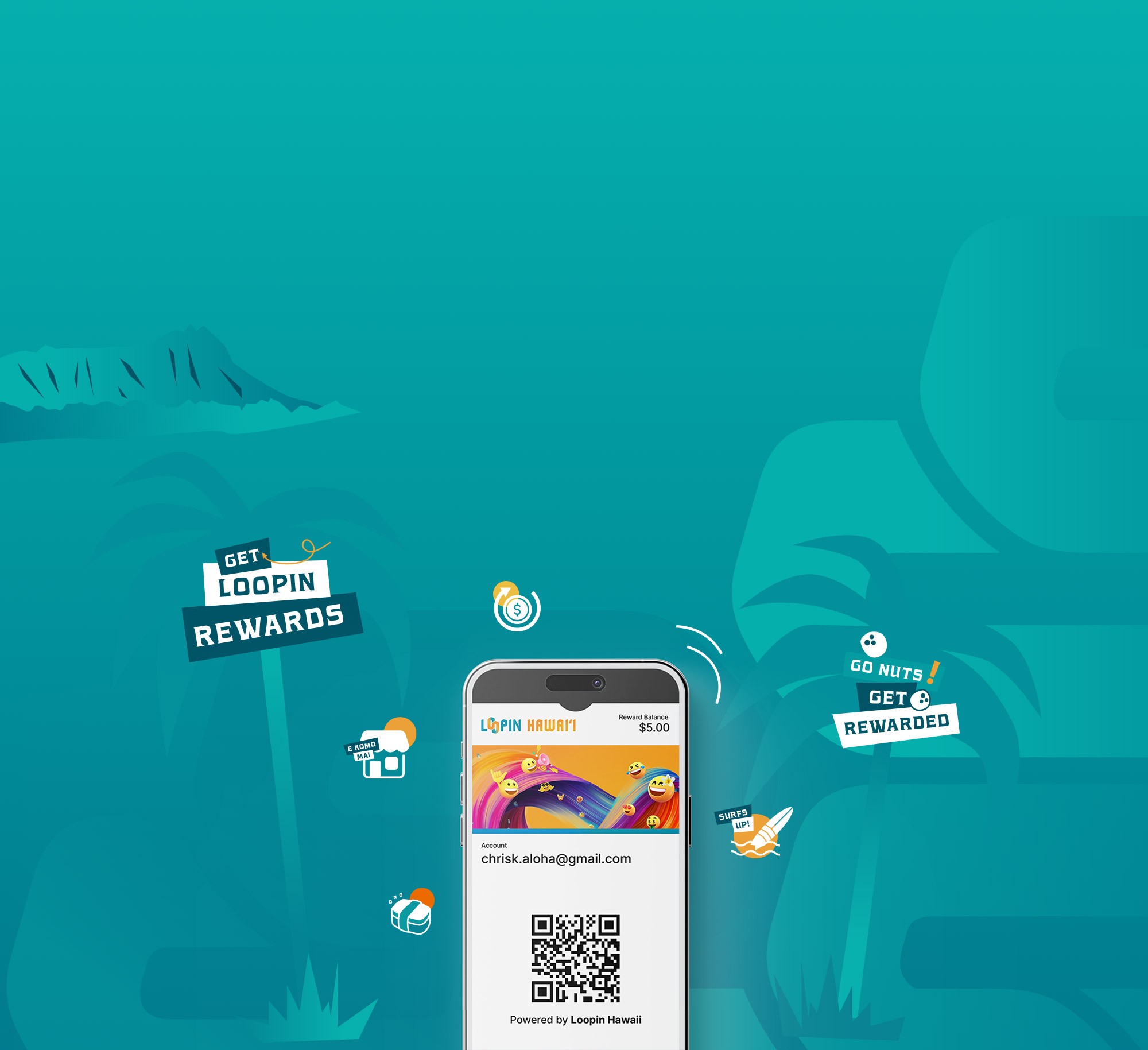 Loopin loyalty card on a phone with Hawaiian landscape and reward stickers