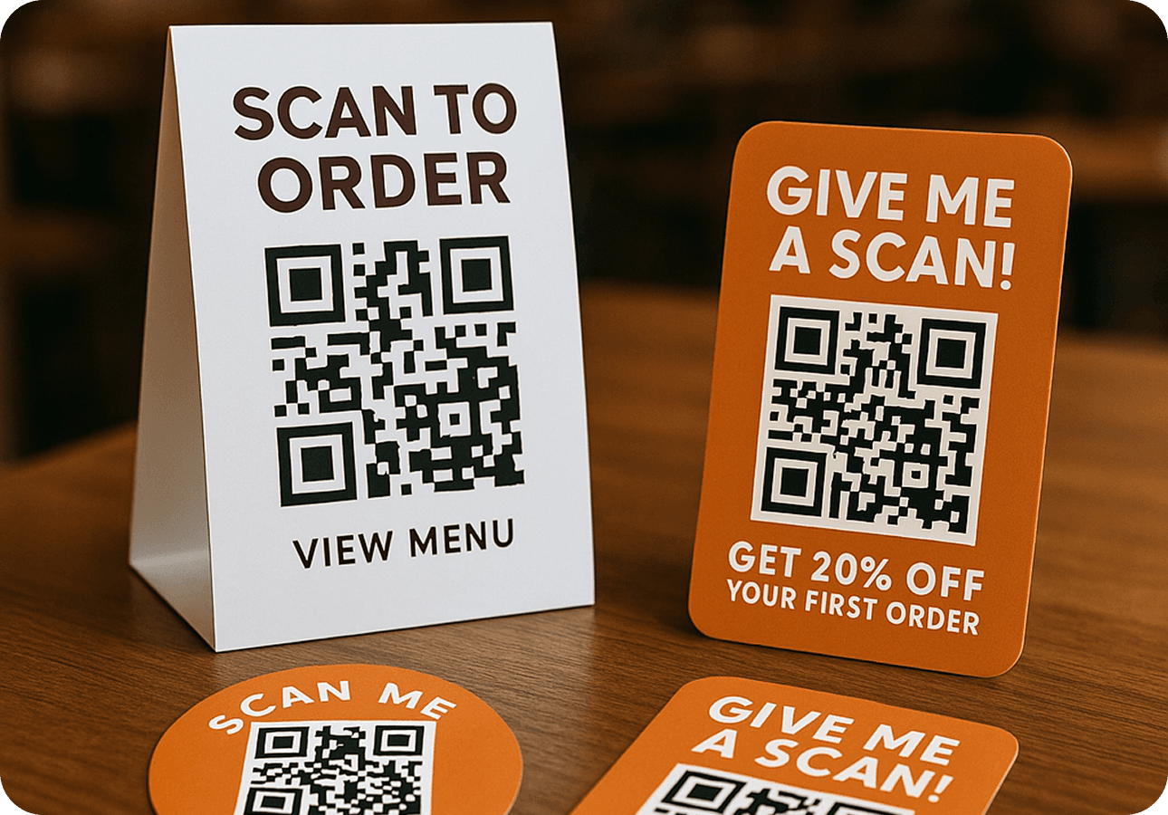 Printed loyalty program marketing materials with QR codes on a table