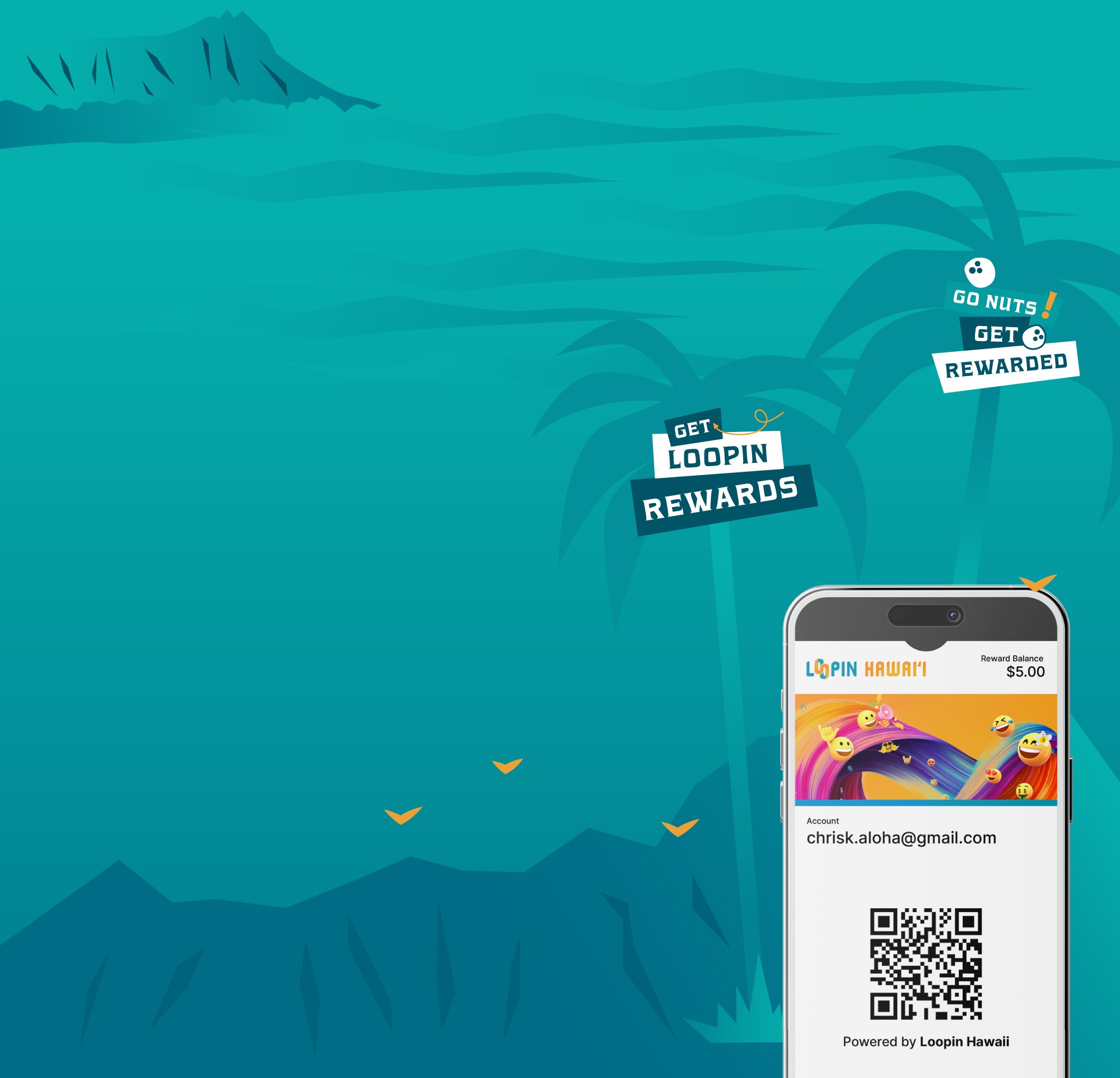 Custom Loopin app on a phone with Hawaiian landscape